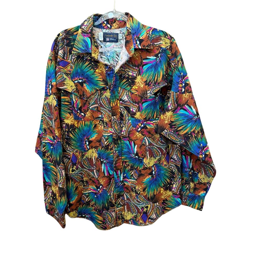 Panhandle Slim Vintage Colorful Native Headdress Button Down Shirt Size Large